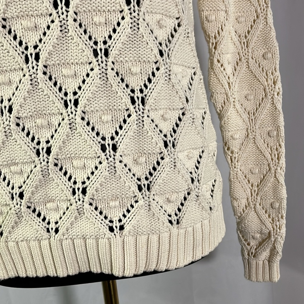 Tommy Hilfiger Cream Chunky Loose Pom Pom Knit Long Sleeve Cotton Sweater - Picture 9 of 16